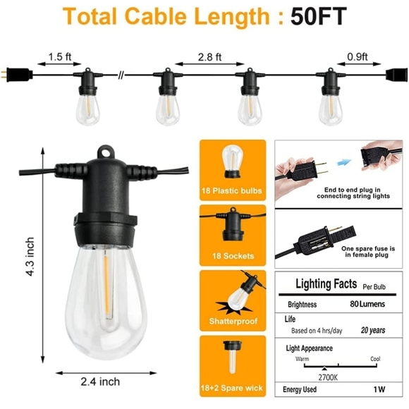 50FT S14 LED Outdoor String Lights 18 Shatterproof Plastic Bulbs (2 Spare) - Picture 3 of 6
